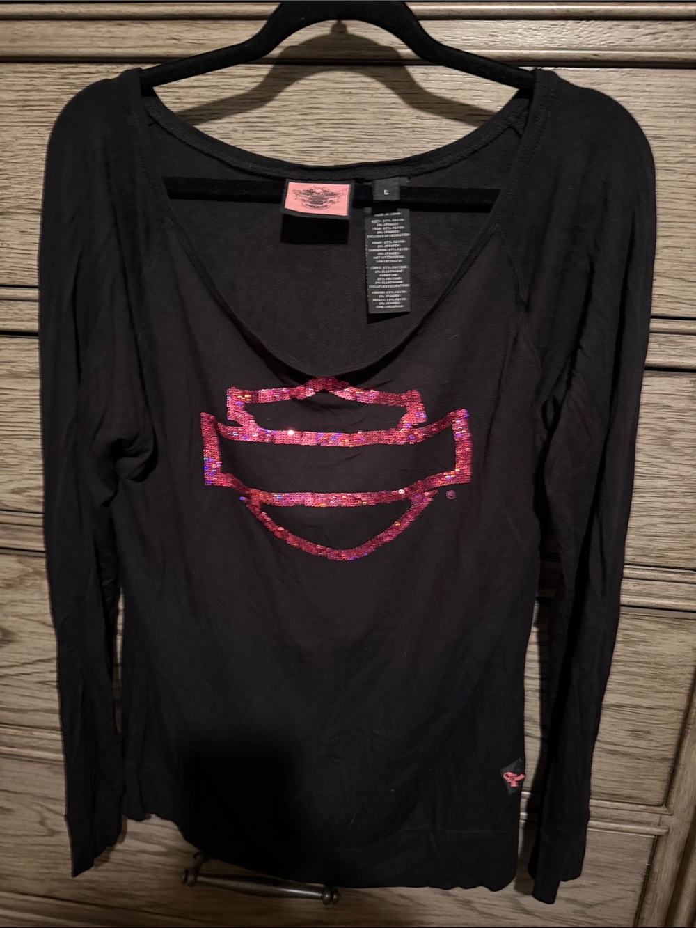 Harley-Davidson Black Long Sleeve Tee with Pink Sequin Shield Logo